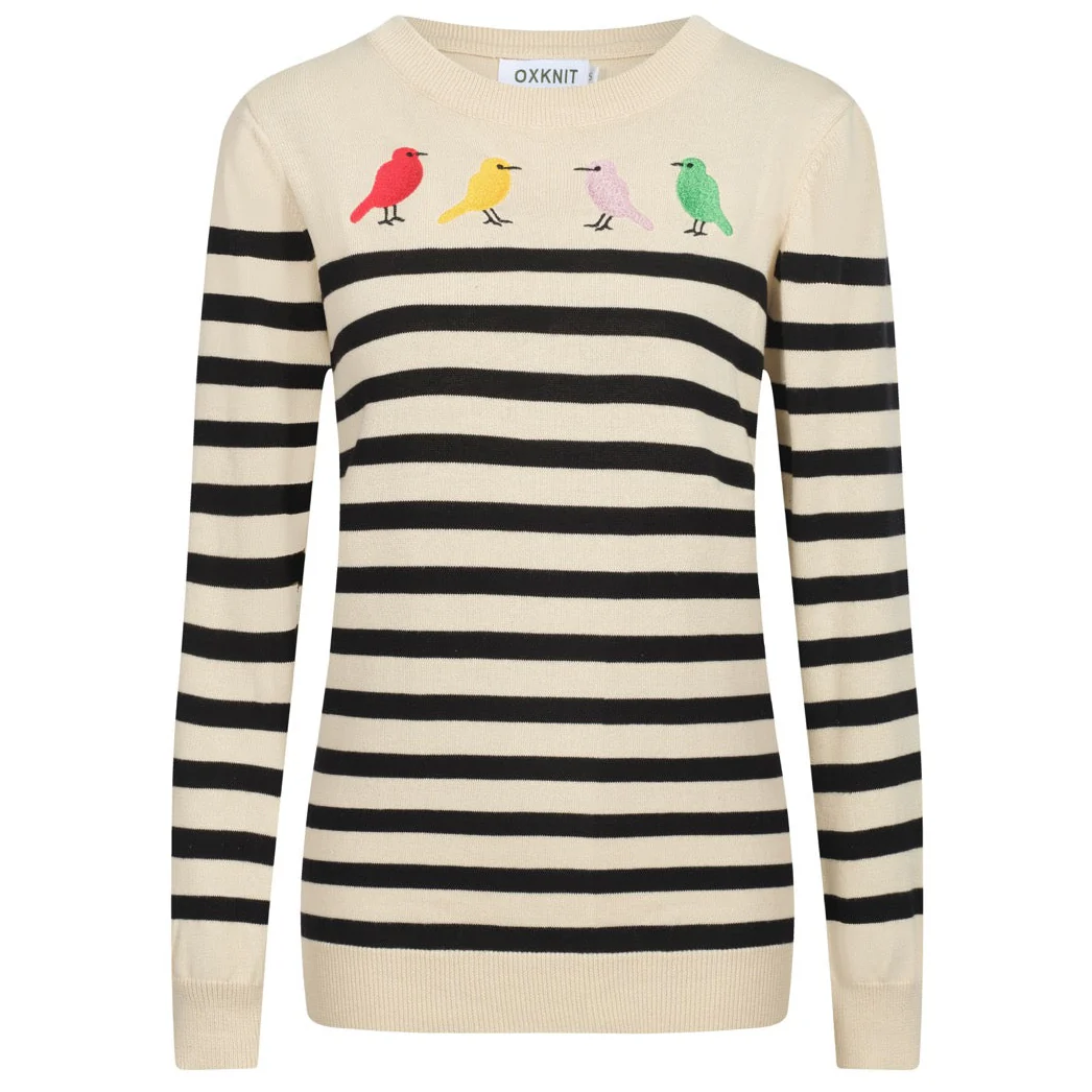 Women's apricot stripe embroidered bird knitwear