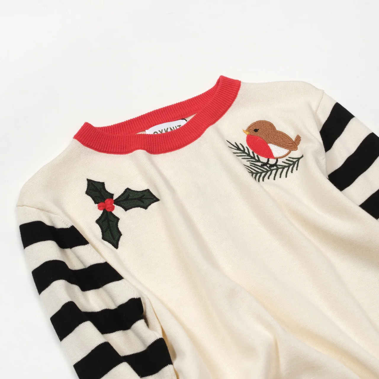 Women's Apricot White Embroidered Stripes Classic Vintage Jacquard Knitwear - Image 11