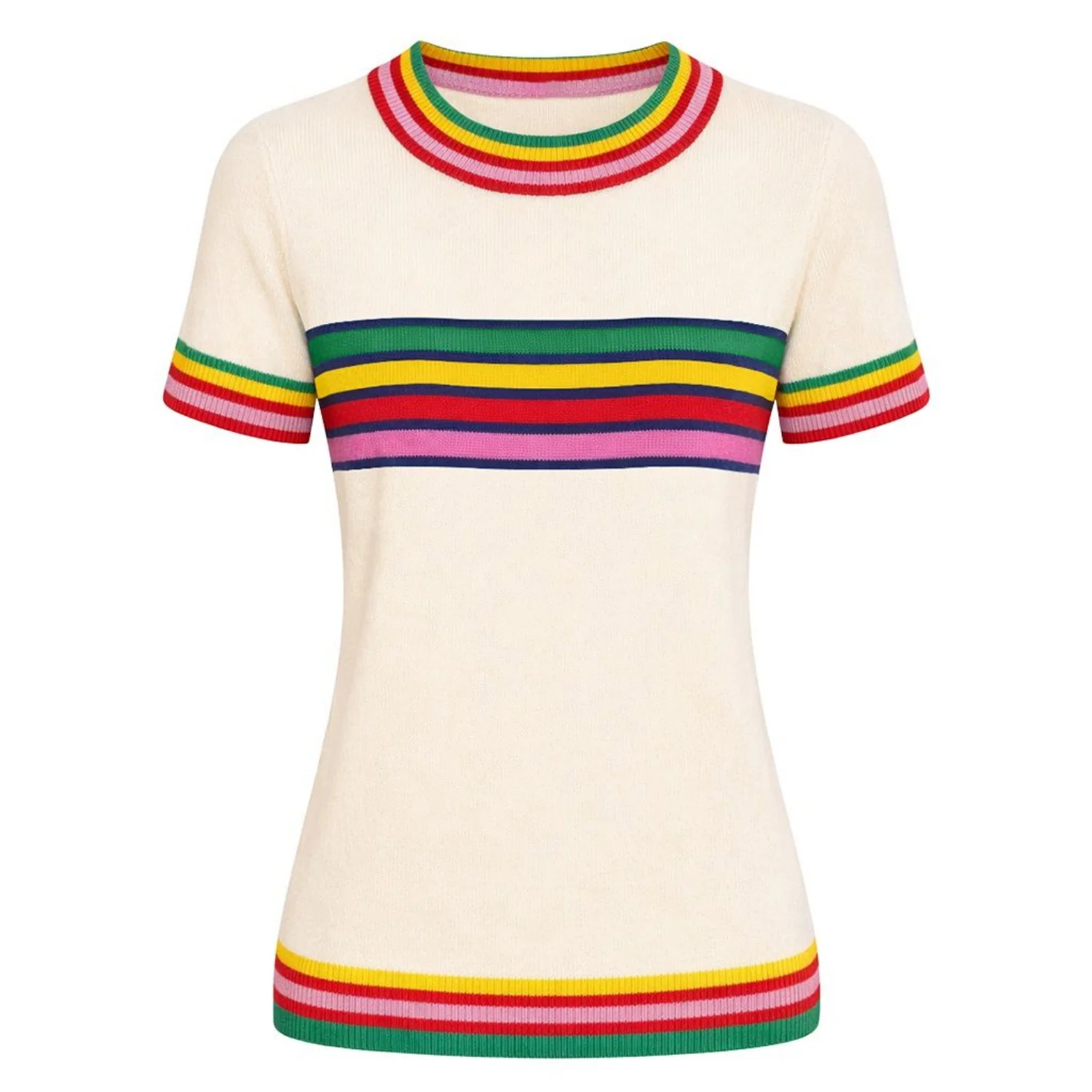Women's Apricot White Rainbow Striped Classic Jacquard Knit T-Shirt