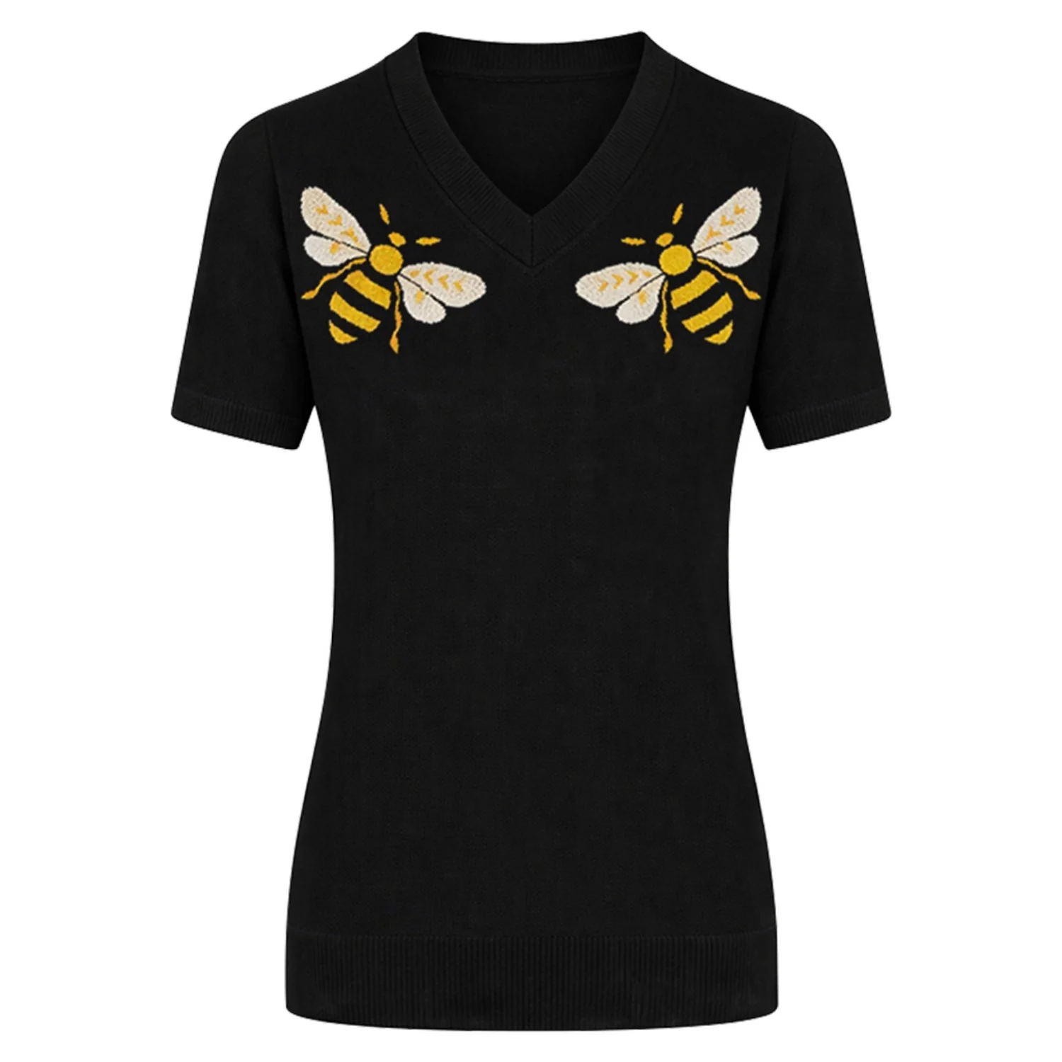 Women's black Bee Jacquard vintage knit V-neck T-shirt