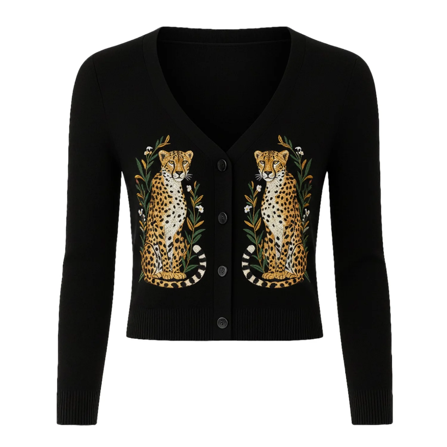 Women's black cheetah embroidered knitted cardigan - cropped length