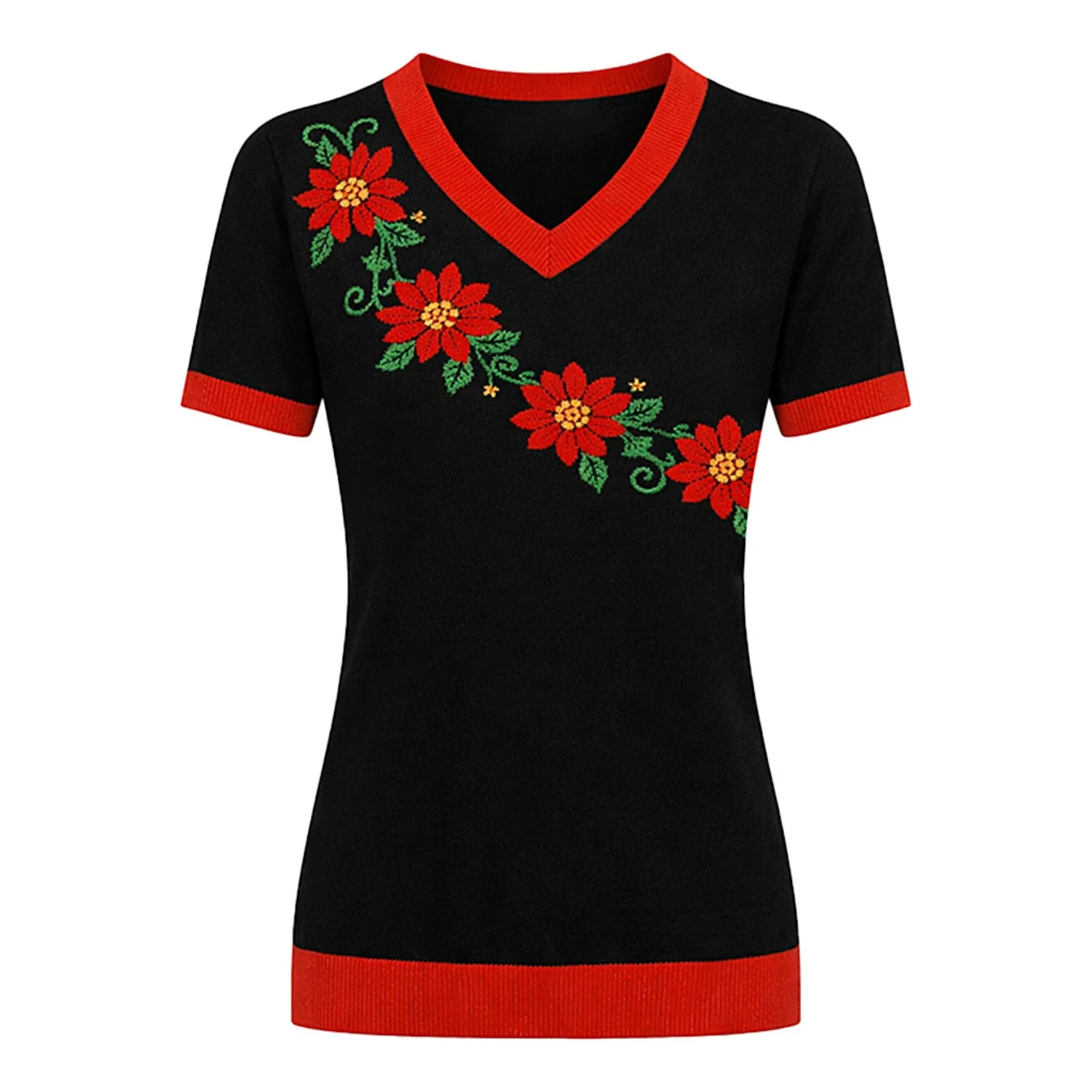 Women's Black Classic Floral Art Jacquard Knit T-Shirt