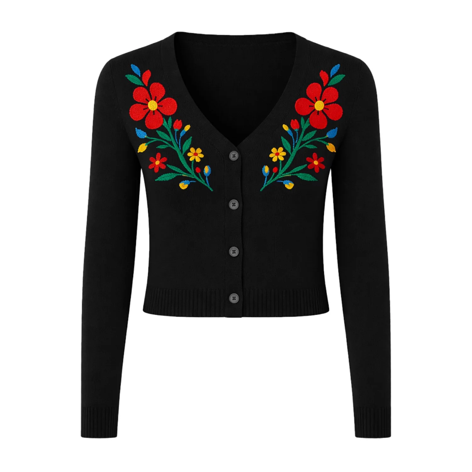Women's black embroidered floral-knit cardigan - cropped length