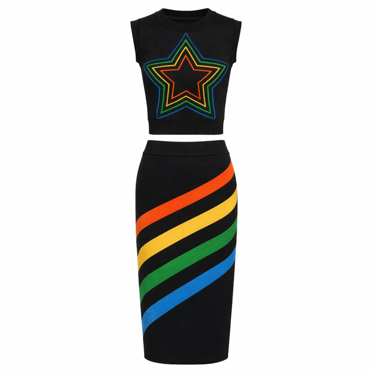 Women's black five-pointed star stripe vintage jacquard vest skirt suit