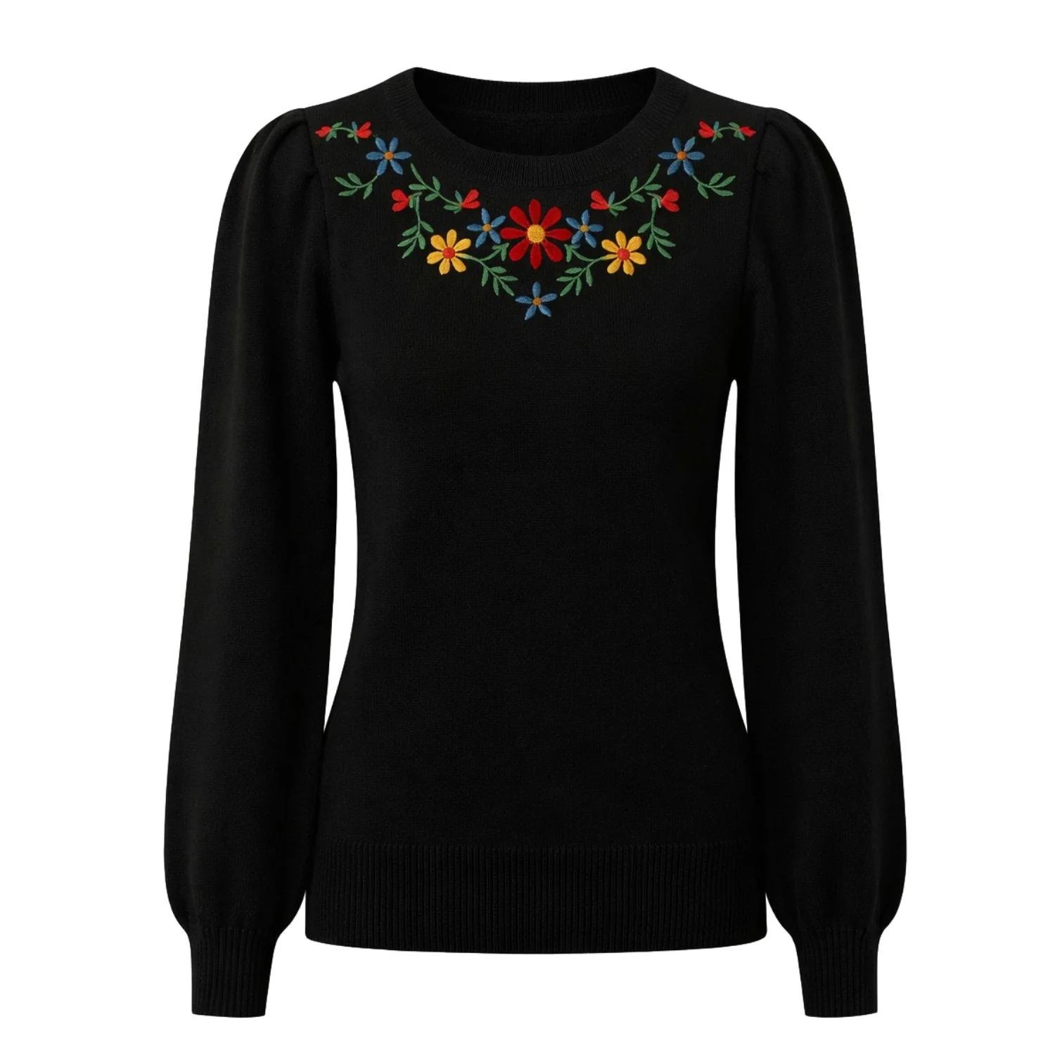 Women's black floral embroidery with bubble sleeve knitwear