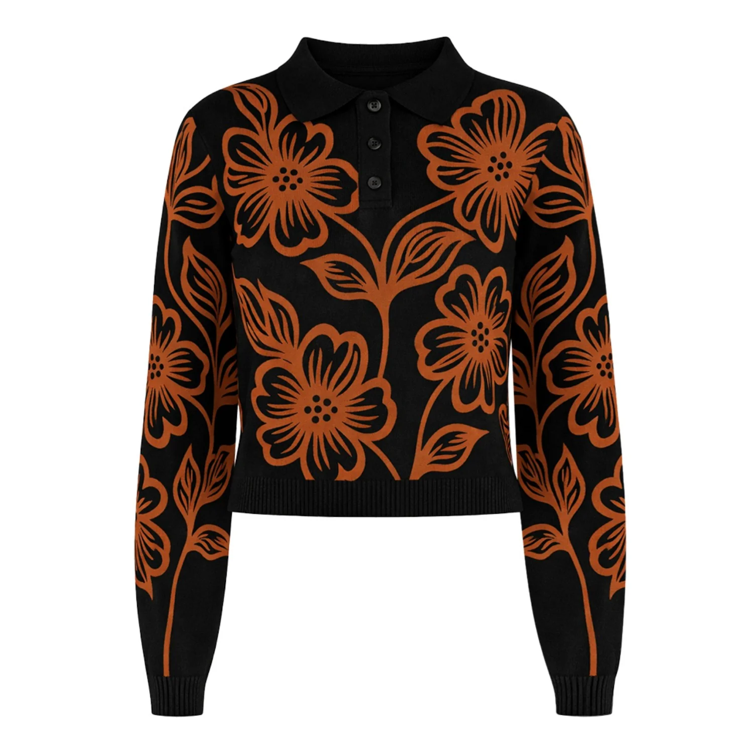 Women's Black Flower Art Design Classic Knit polo - Cropped Length