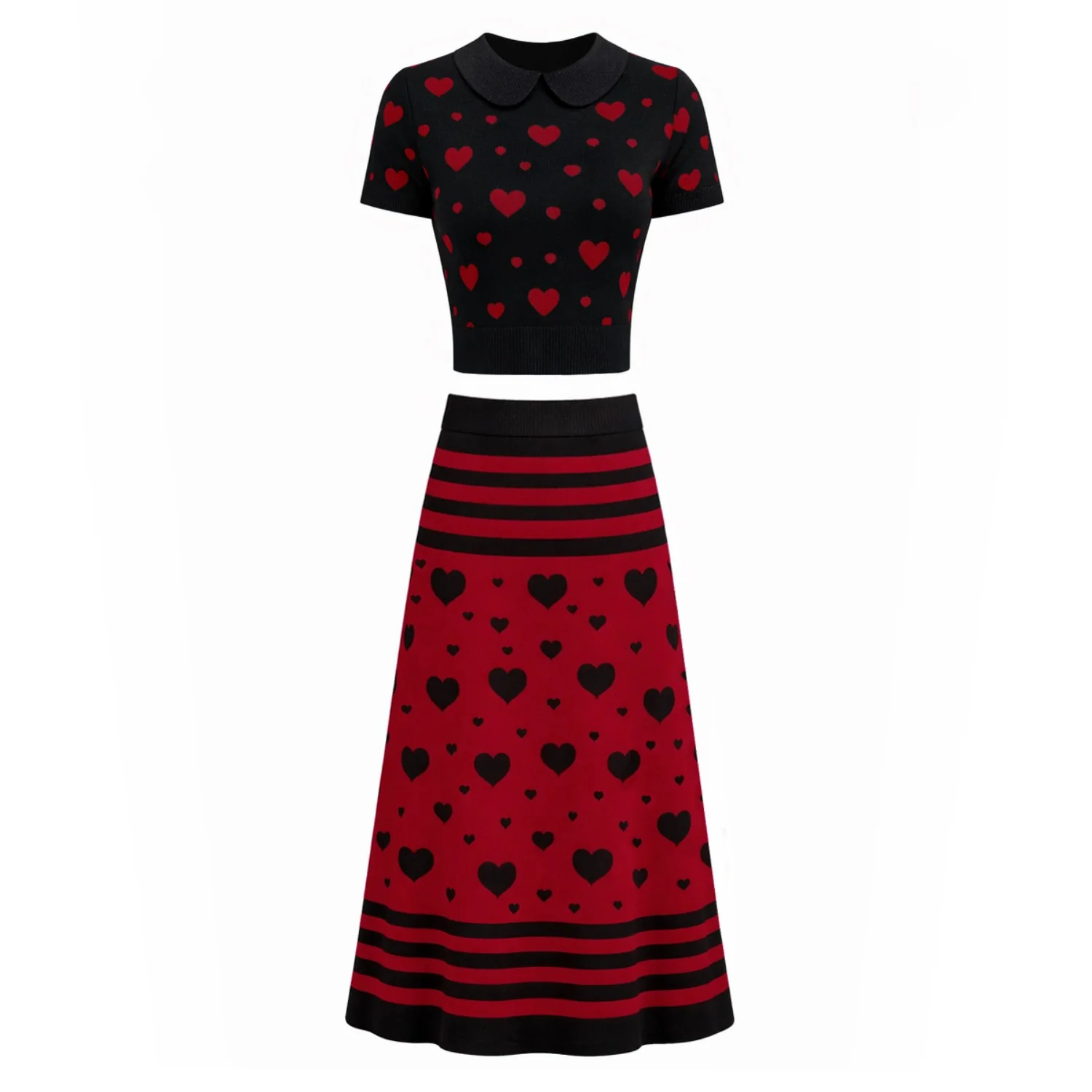 Women's black heart-shaped jacquard retro jacquard knit dress set