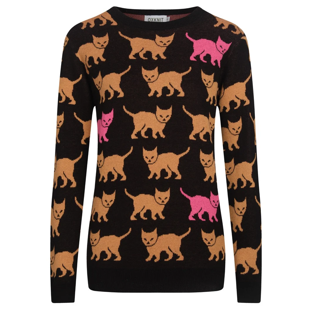Women's black kitty-pattern jacquard knitwear