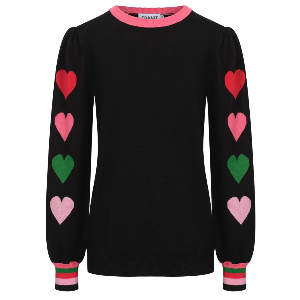 Women's black love jacquard bubble sleeve knitwear