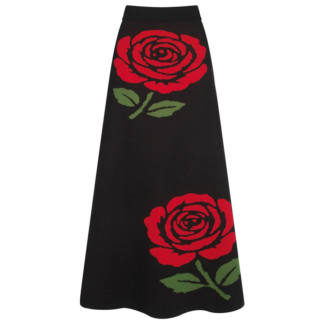Women's black retro rose art jacquard knit skirt