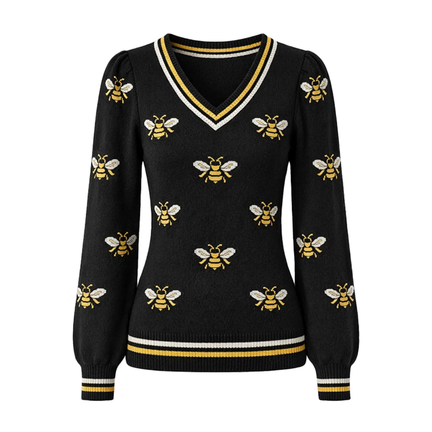 Women's black vintage bee bubble sleeve knitwear