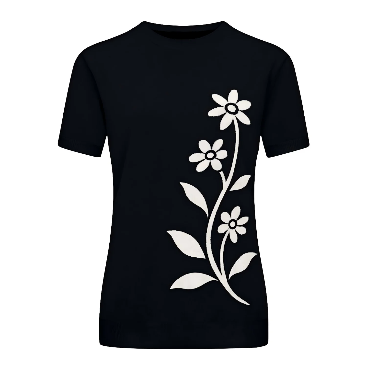 Women's Black Vintage Floral Simple Jacquard Knit T-Shirt