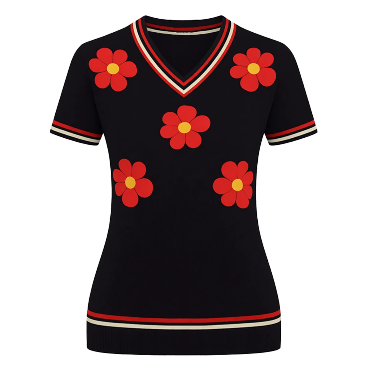 Women's black vintage pattern vintage knit V-neck T-shirt