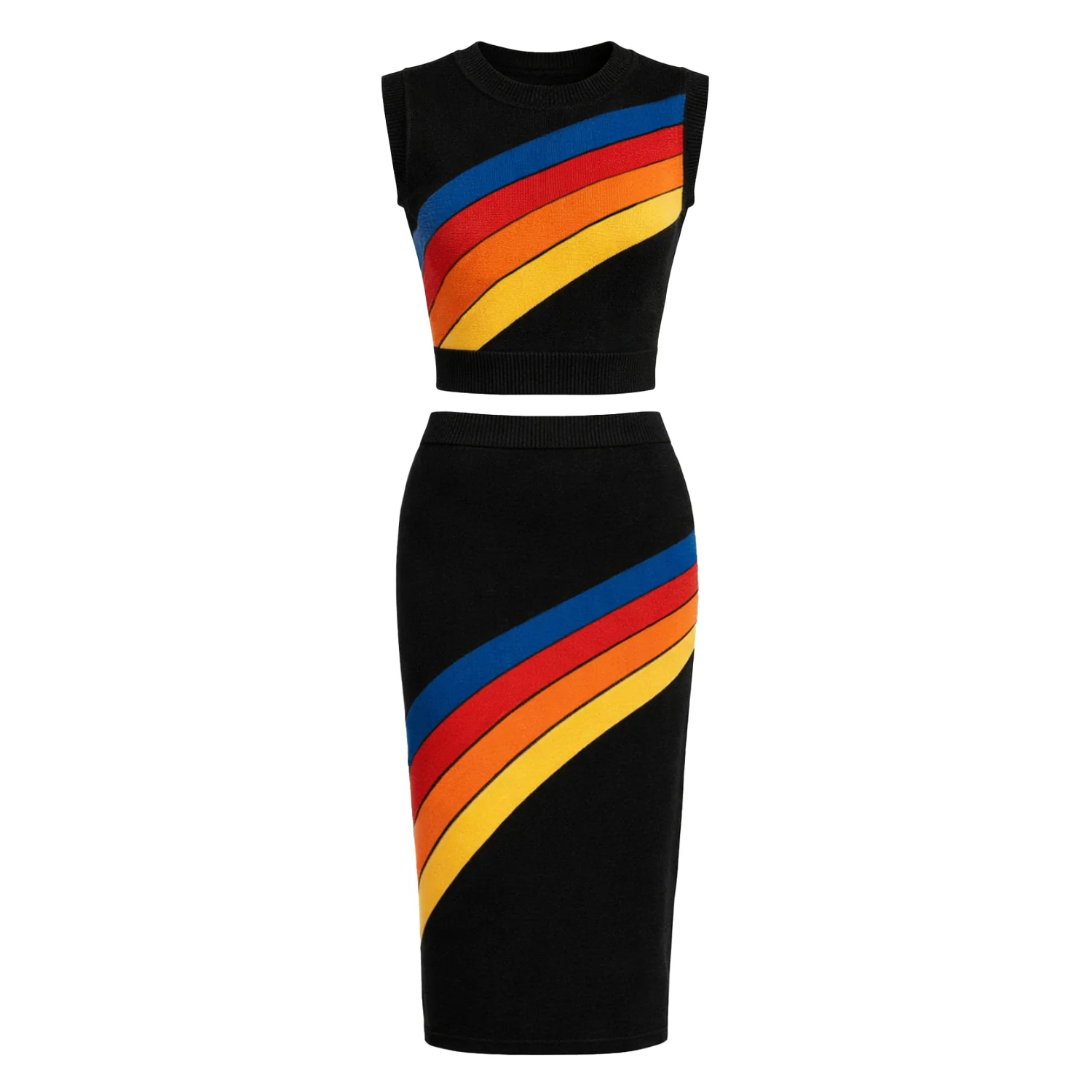 Women's black vintage striped jacquard knit vest skirt suit