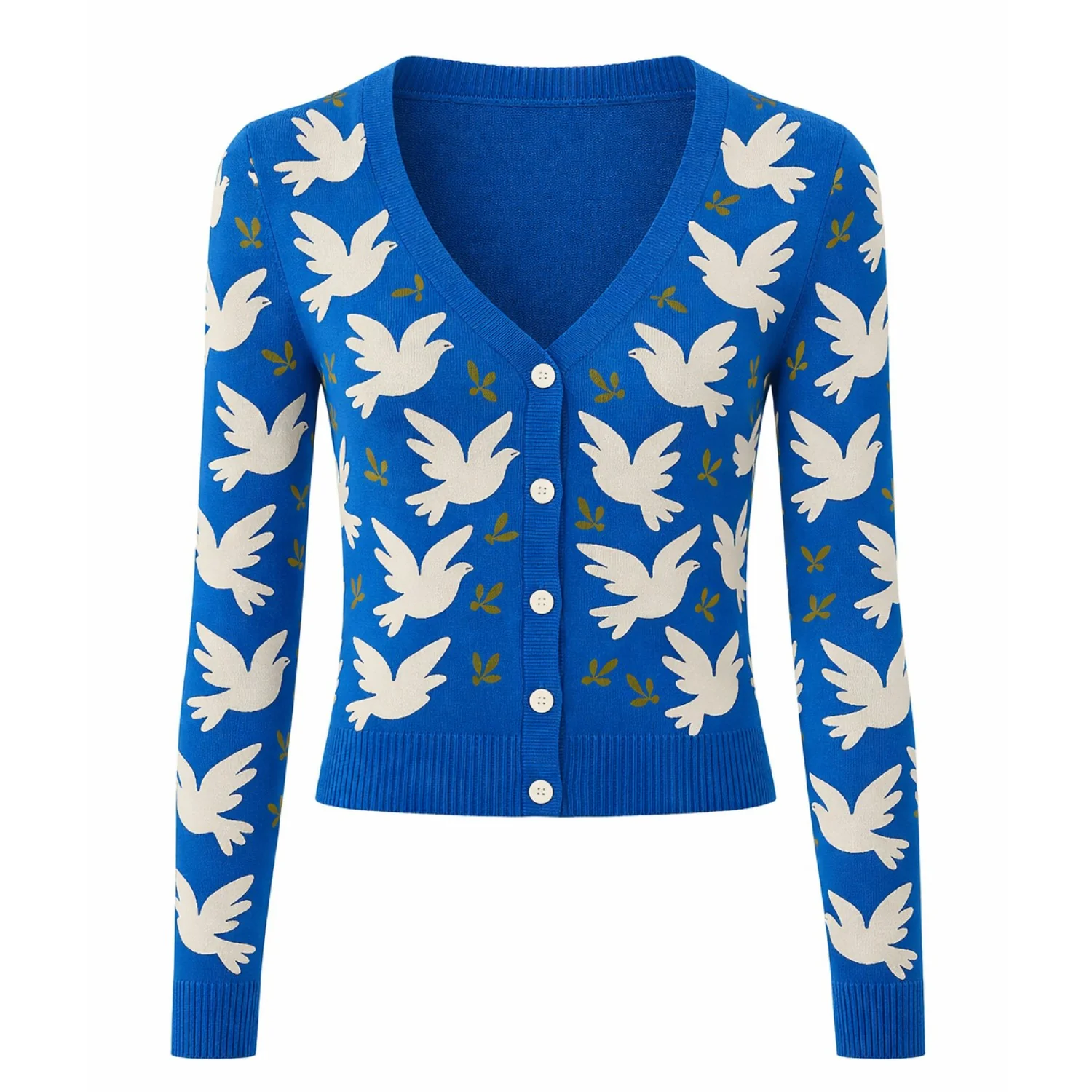 Women's Blue Bird Art Design Knit Cardigan - Cropped Length