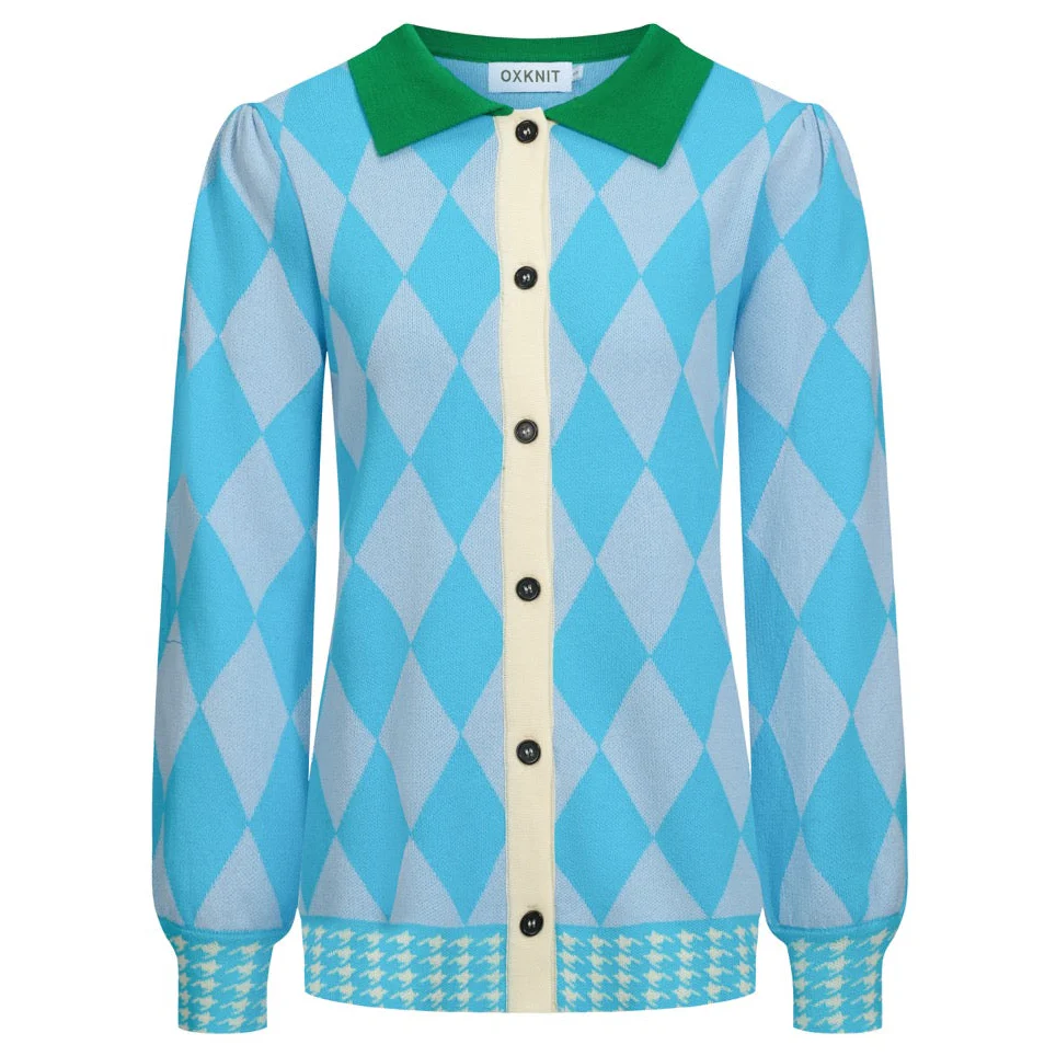 Women's blue diamond lattice jacquard puffed sleeve knit cardigan