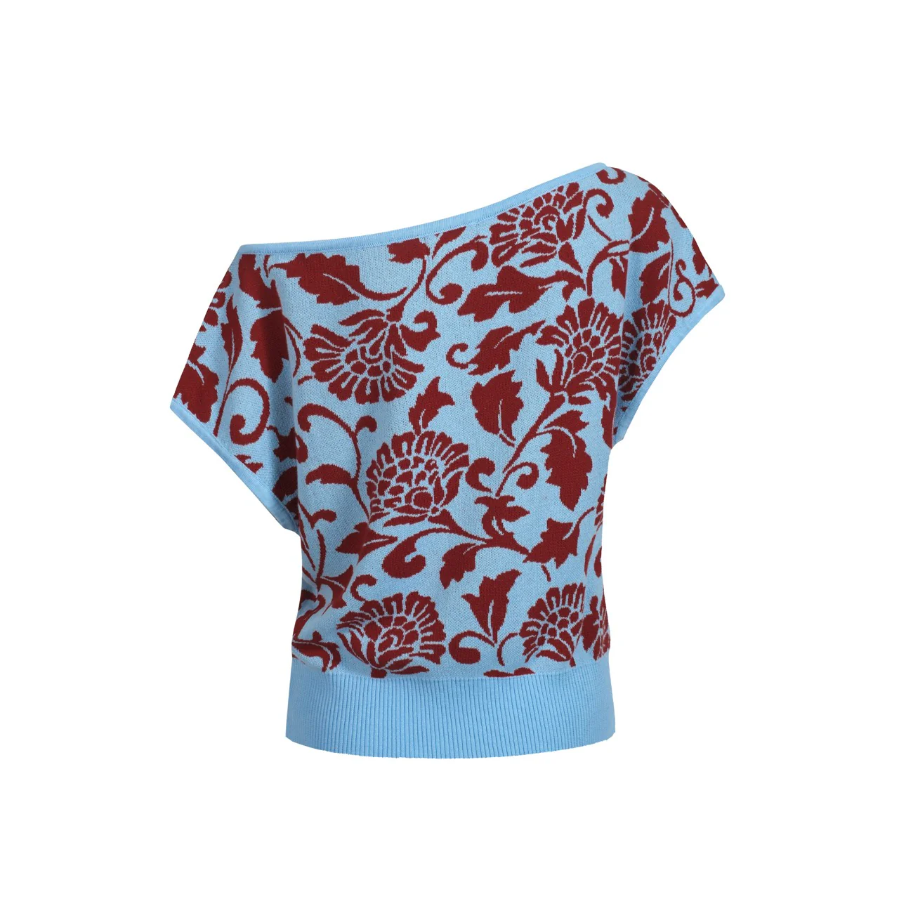 Women's blue slope-shoulder knit T-shirt - Cropped Length - Image 3