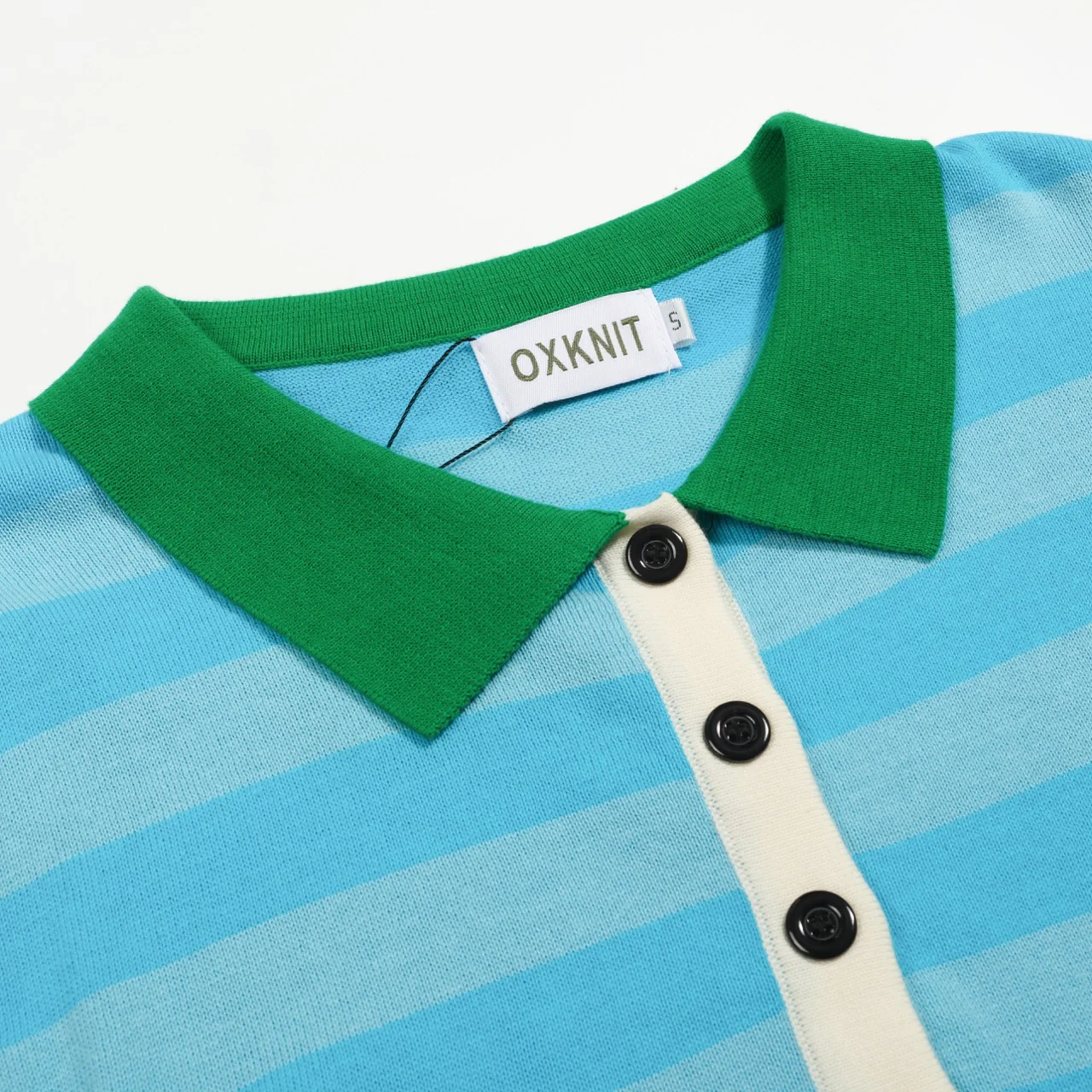 Women's blue striped Collage knitted bubble sleeve polo - Image 4
