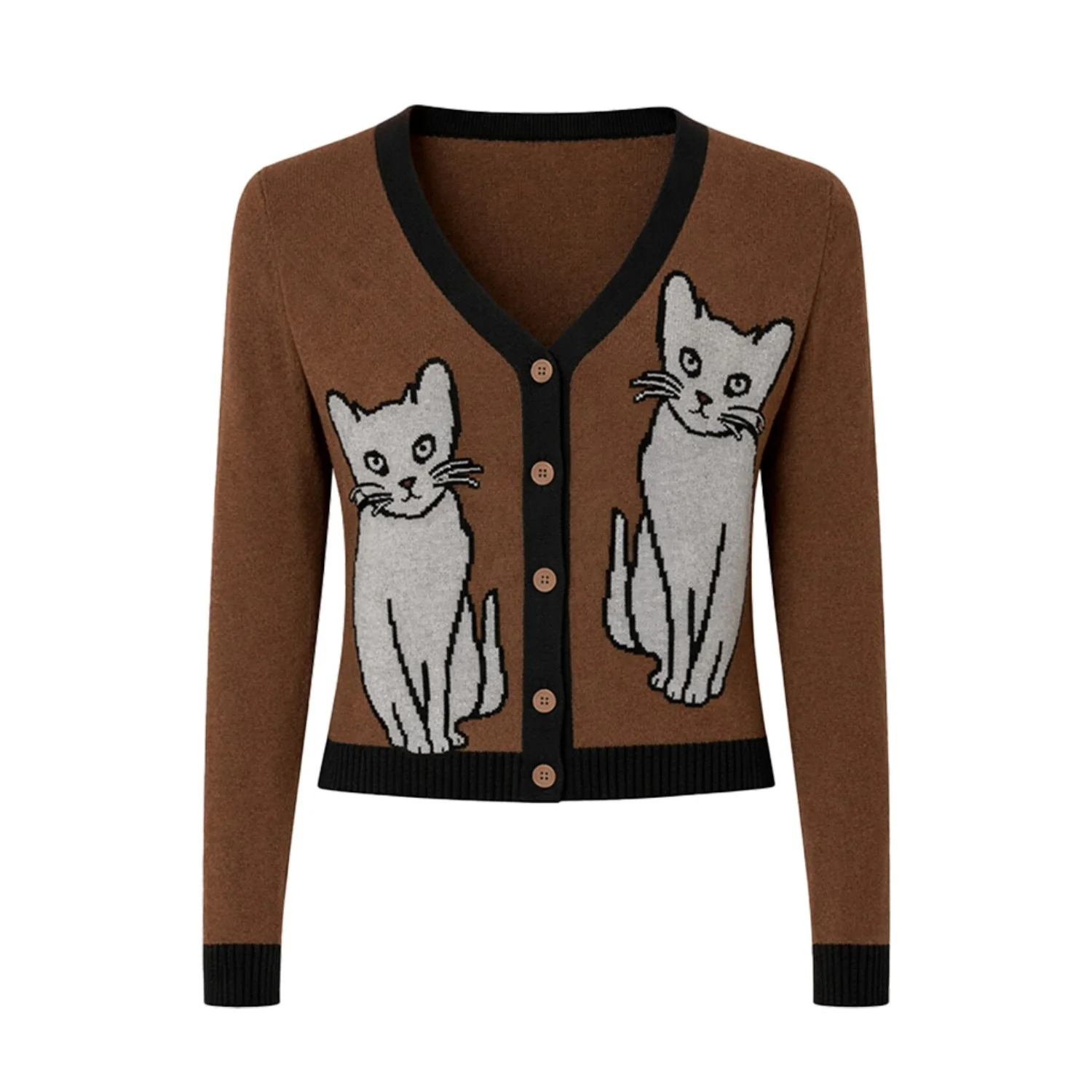 Women's Brown Cat Art Design Knit Cardigan - Cropped Length