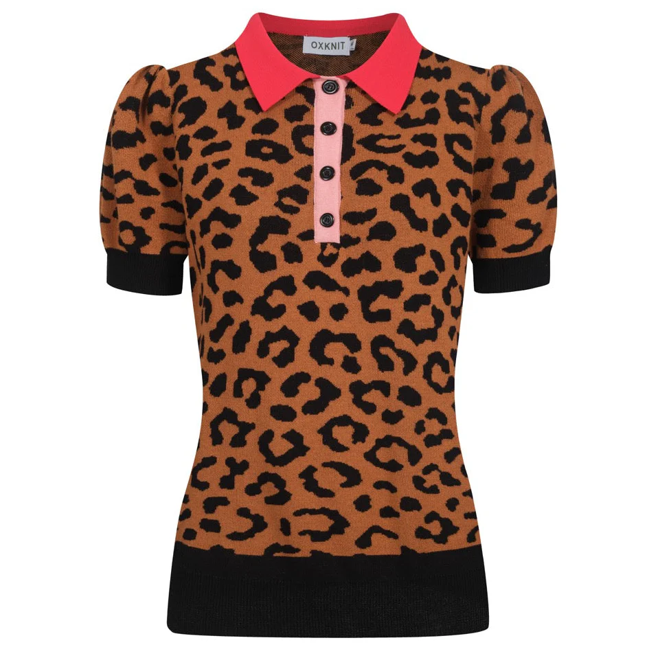 Women's brown leopard print puff sleeve polo