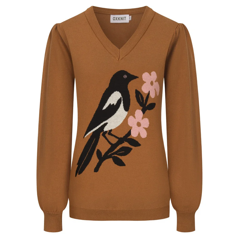 Women's brown magpie V-neck puffed sleeve knitwear