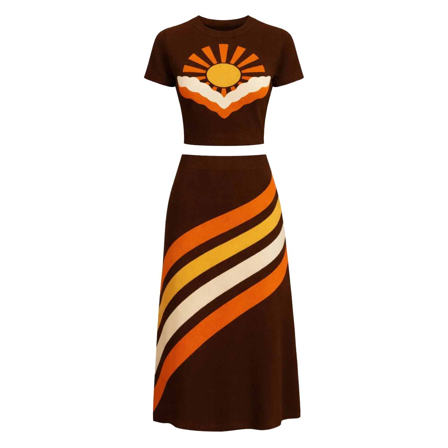 Women's brown sun striped vintage jacquard knit dress set