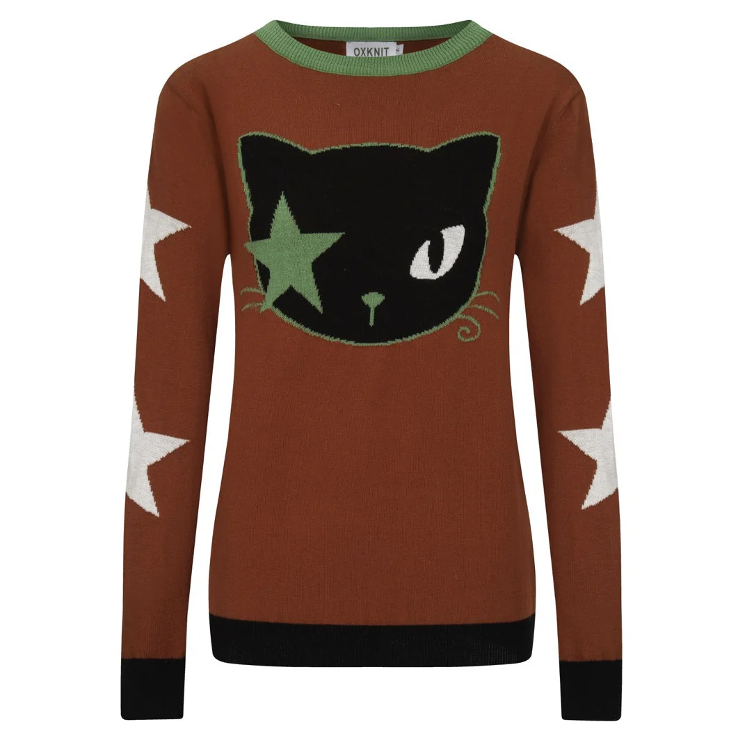 Women's Brown Vintage Cat Star Art Fashion Jacquard Knitwear