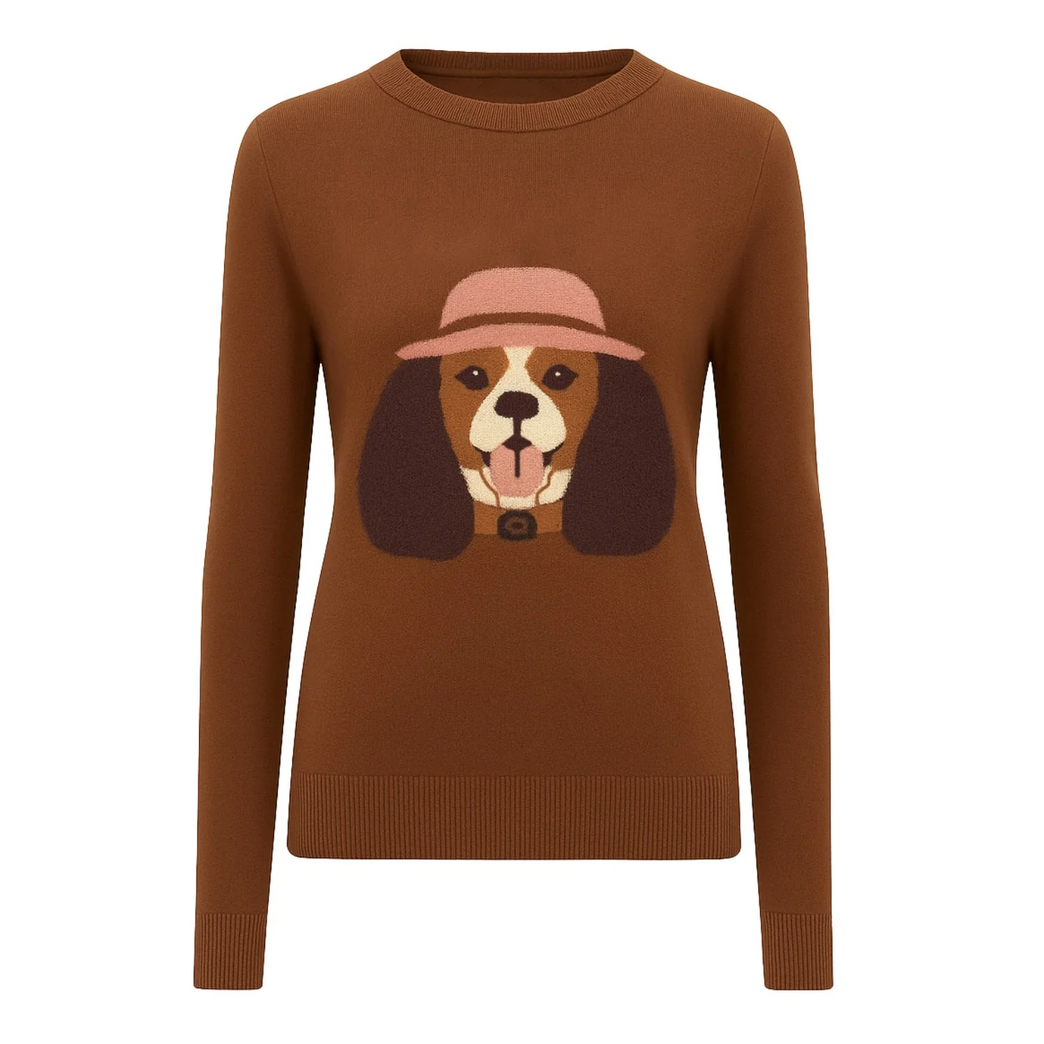 Women's brown vintage dog round-neck knitwear