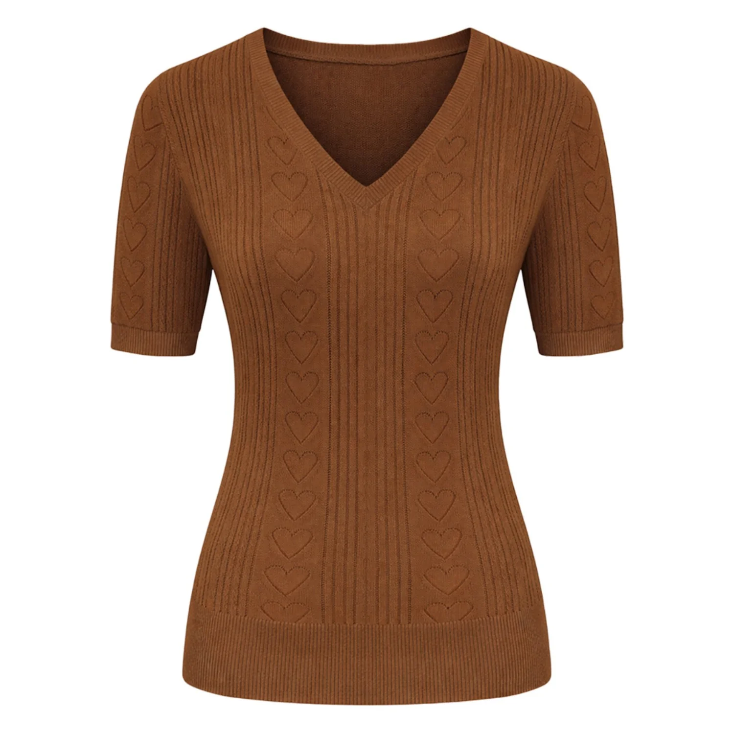 Women's brown vintage textured knit V-neck T-shirt