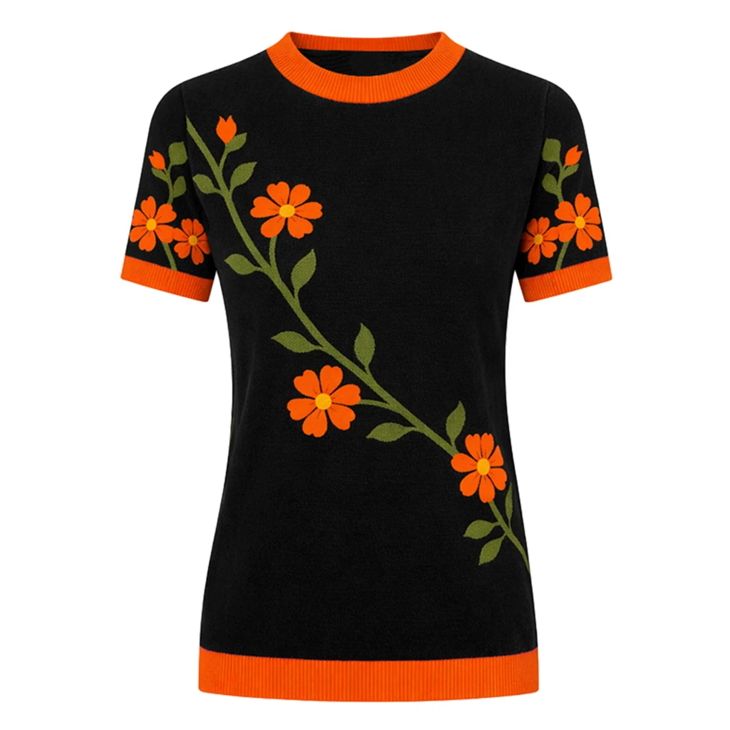 Women's classic black floral design Jacquard Knit T-Shirt