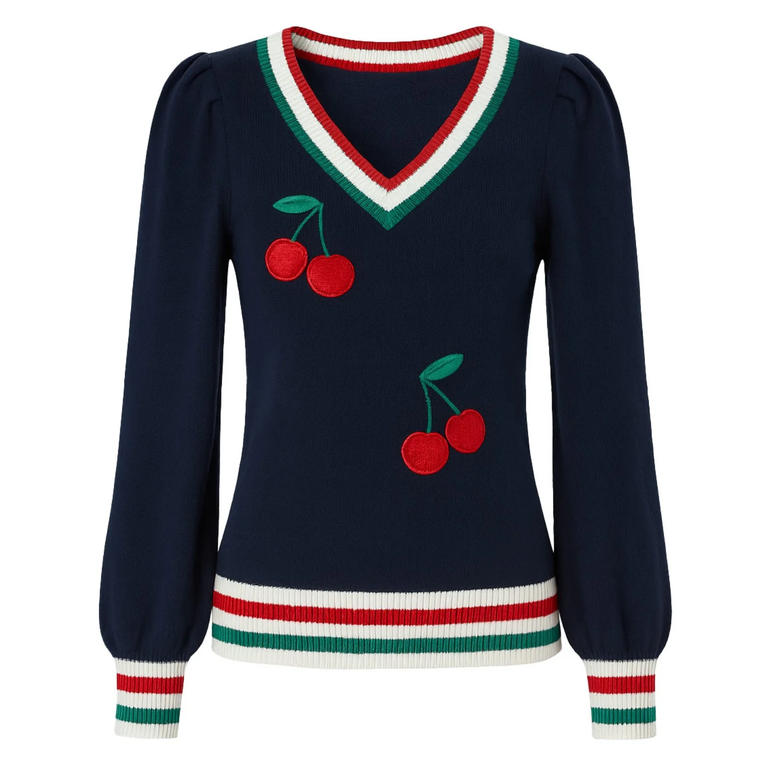 Women's dark blue cherry embroidered puffed-sleeve knitwear