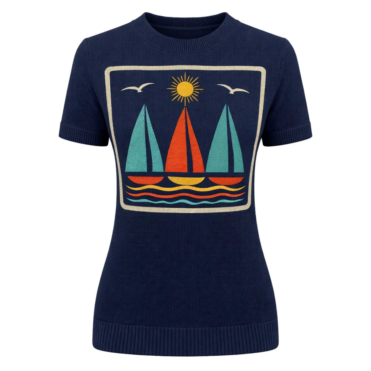 Women's Dark Blue Landscape Vintage Jacquard Knit T-Shirt