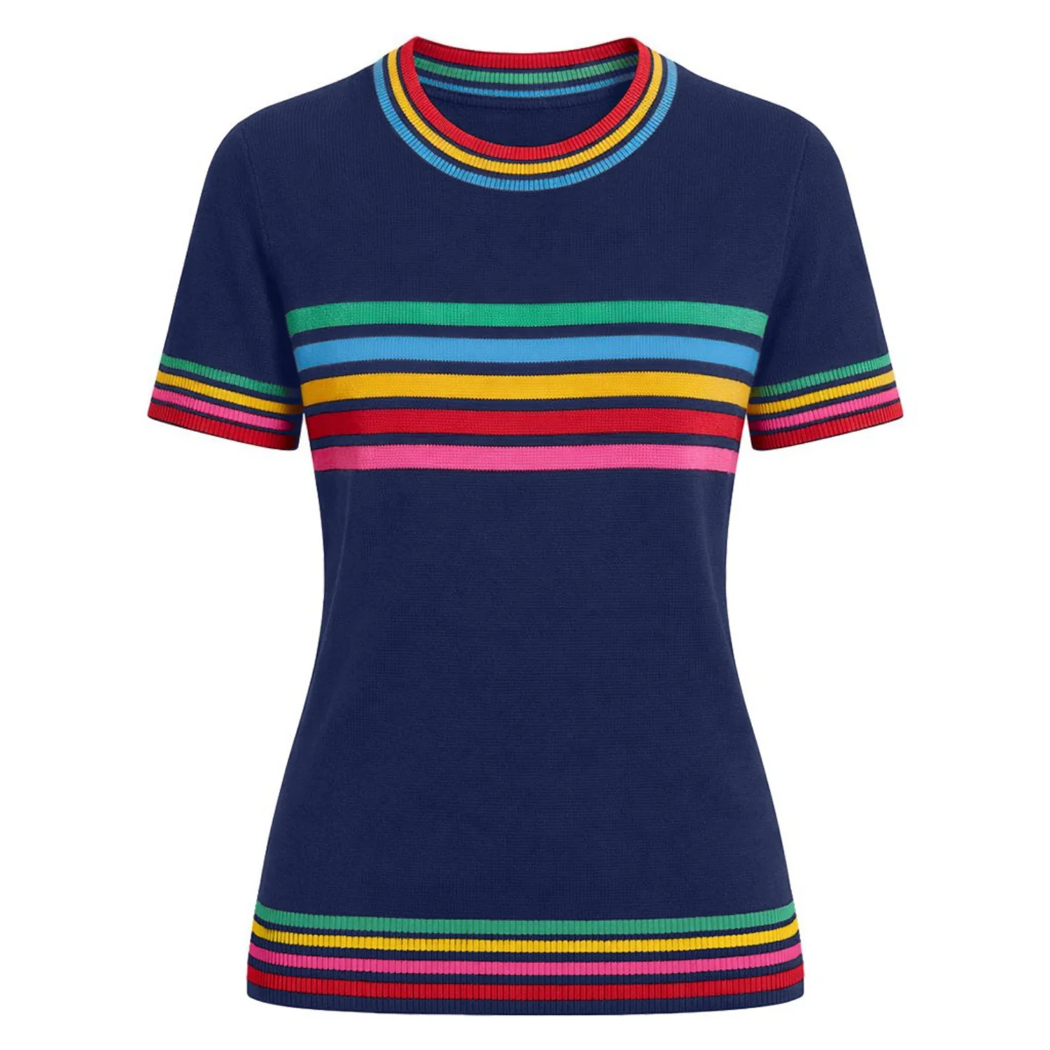 Women's Dark Blue Rainbow Striped Classic Jacquard Knit T-Shirt