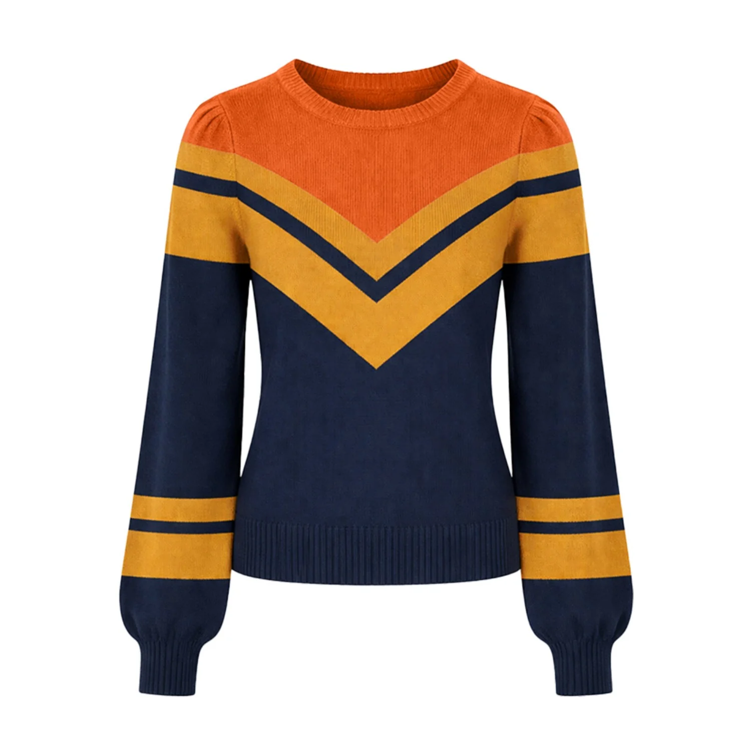 Women's dark blue striped artistic vintage bubble sleeve knitwear