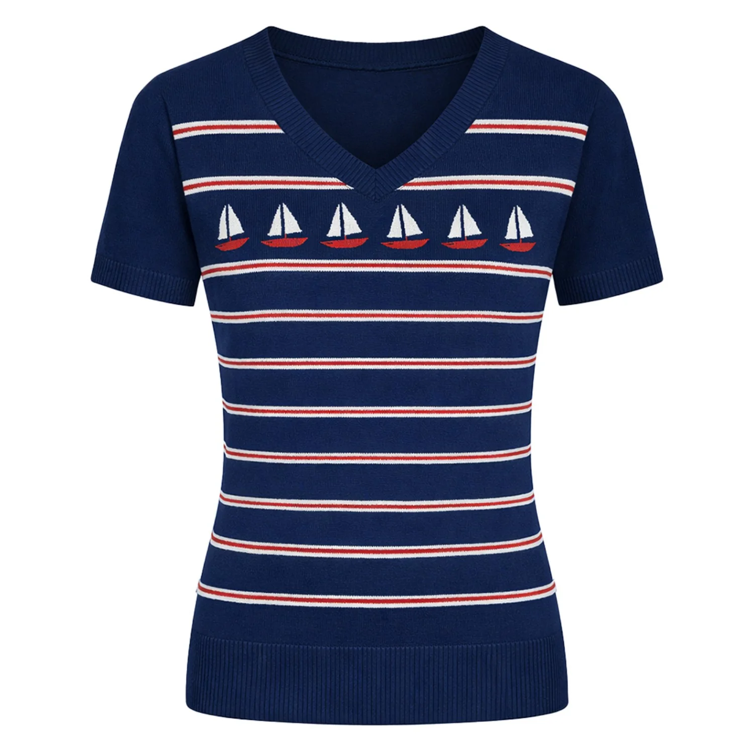 Women's dark blue striped jacquard vintage knit V-neck T-shirt