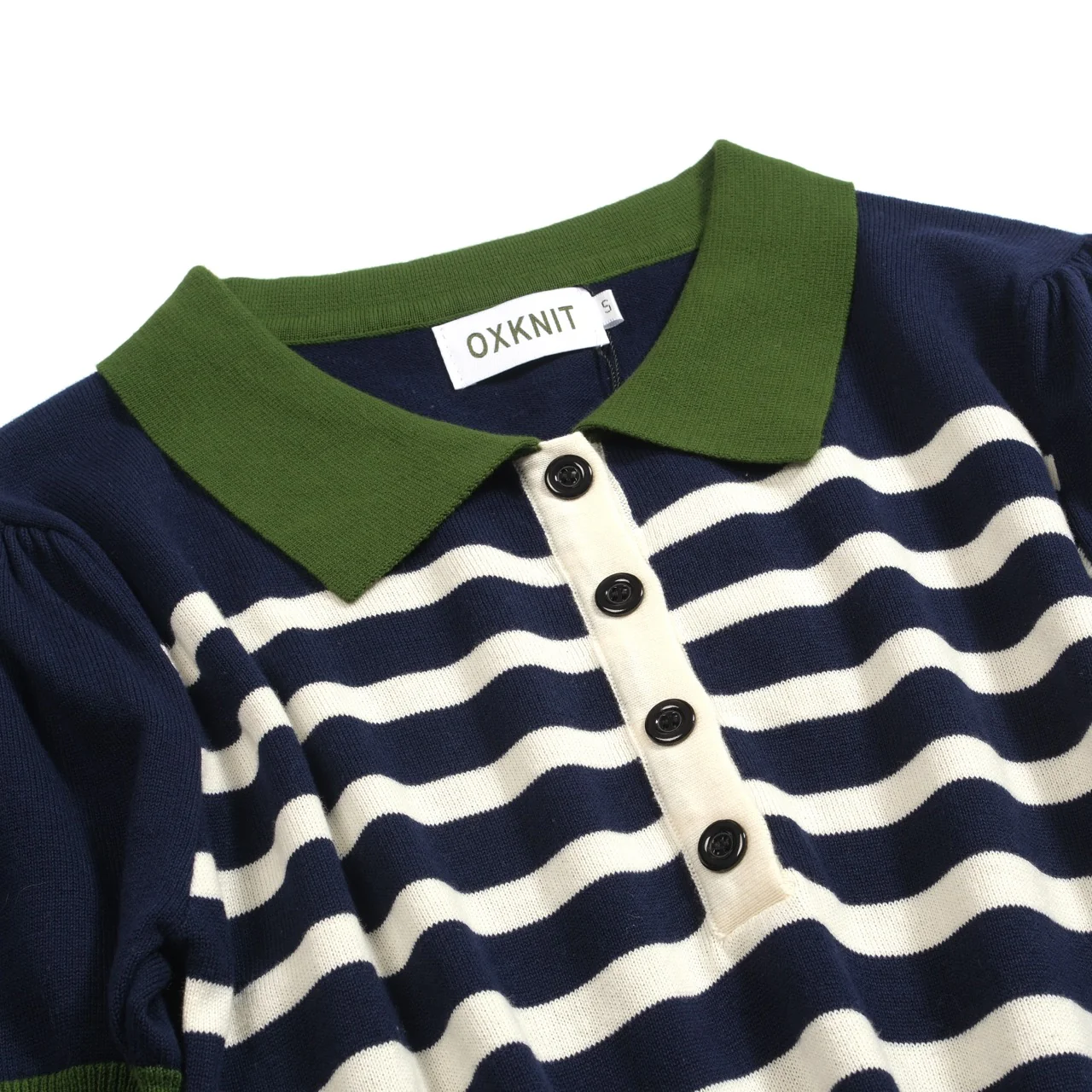 Women's dark blue striped knitted puff sleeve polo - Image 4