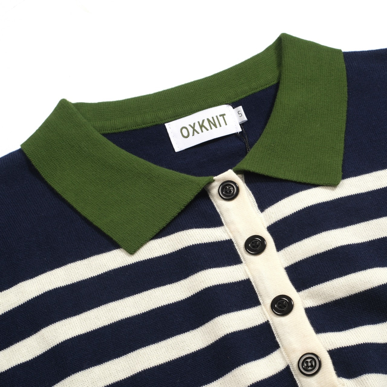 Women's dark blue striped knitted puff sleeve polo - Image 5