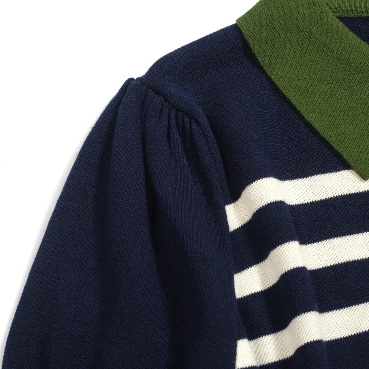 Women's dark blue striped knitted puff sleeve polo - Image 6