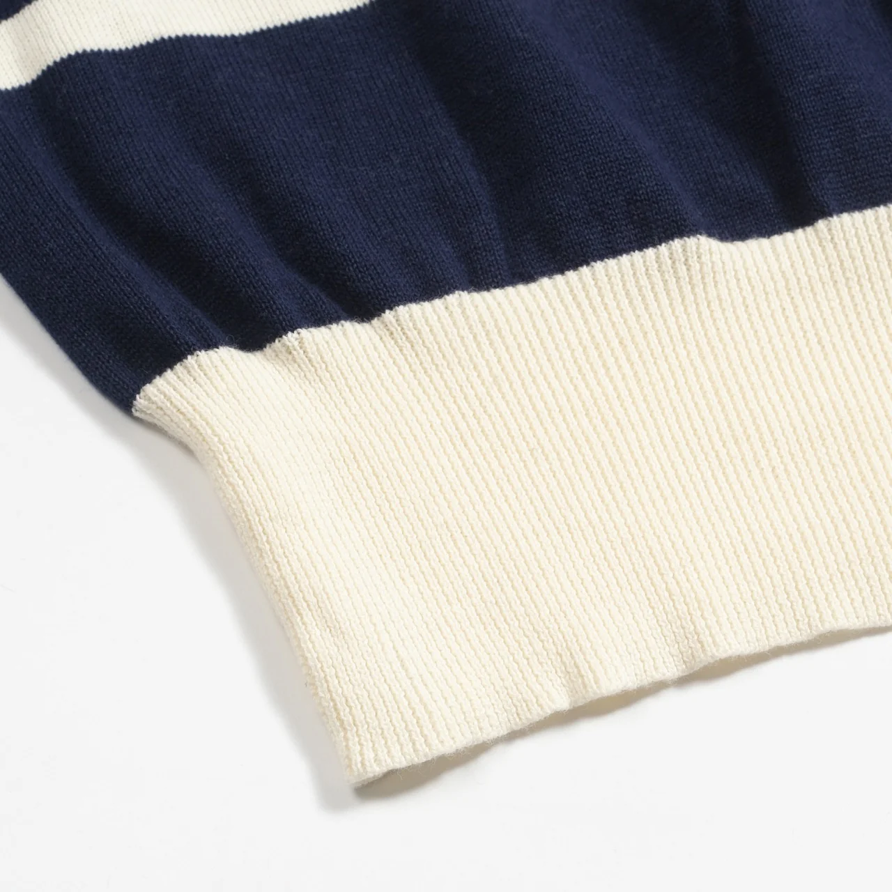 Women's dark blue striped knitted puff sleeve polo - Image 8