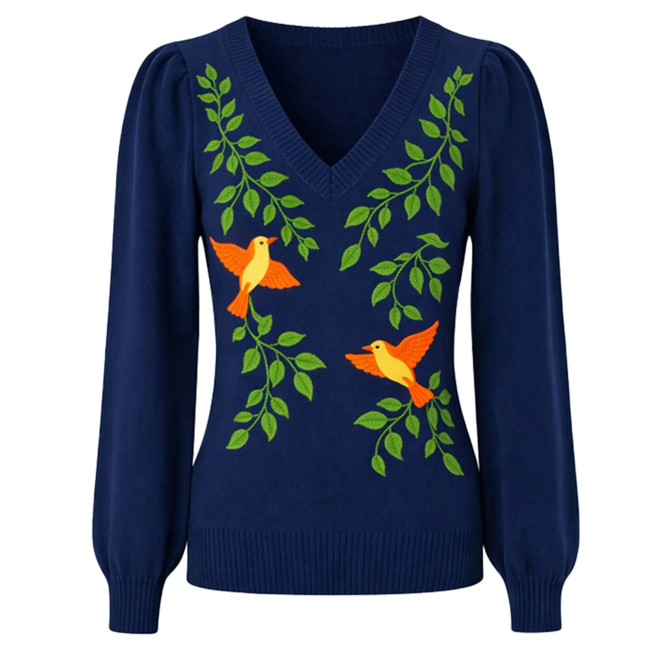 Women's dark blue vintage plant bird bubble sleeve knitwear