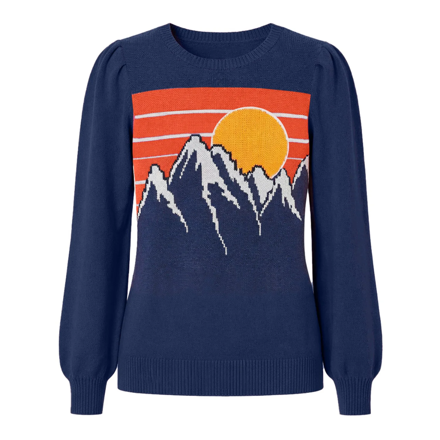 Women's dark blue vintage sunset jacquard bubble sleeve knitwear