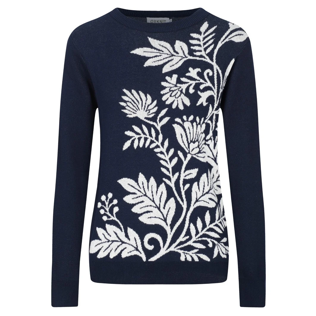 Women's dark blue floral classic retro art jacquard knitwear