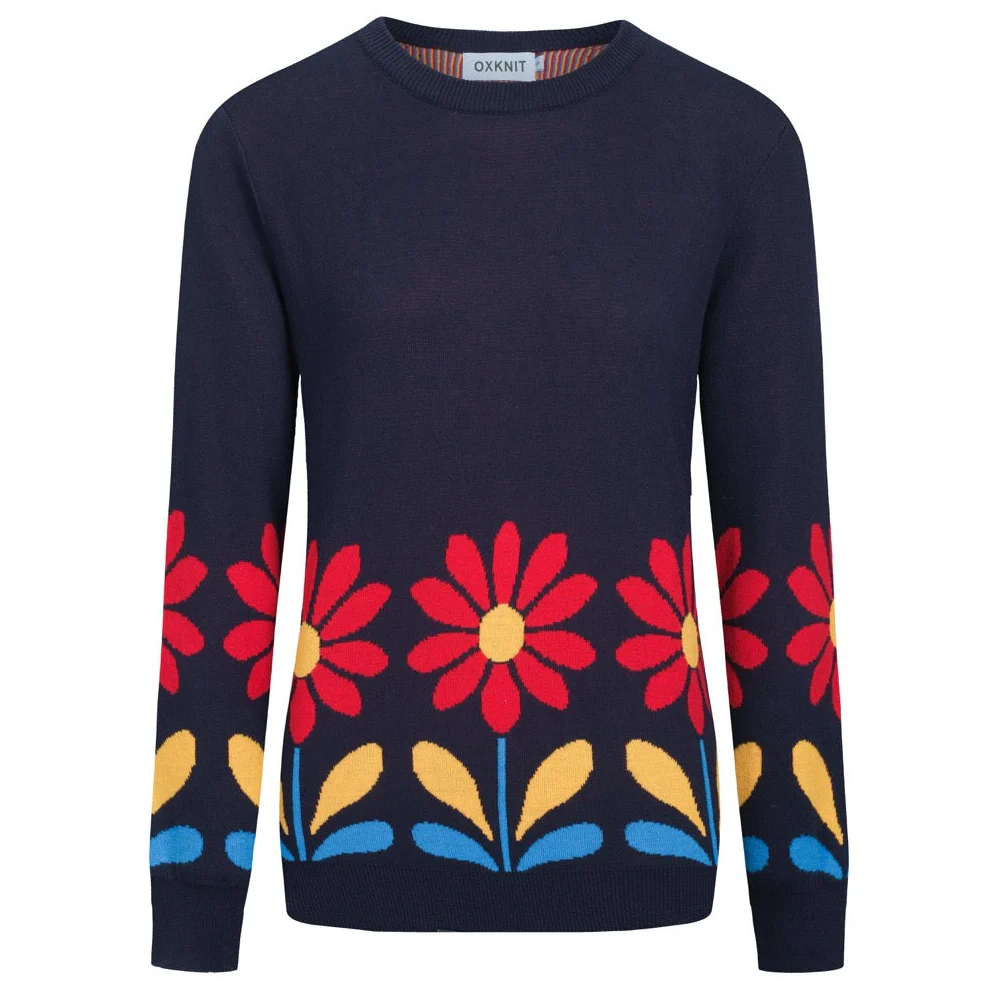 Women's deep blue flowers college style jacquard knitwear
