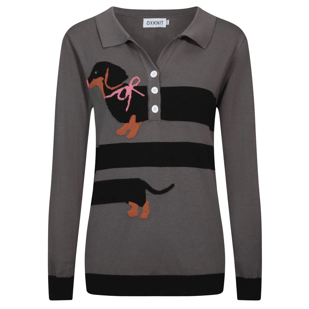 Women's gray dachshund jacquard V-neck knitwear
