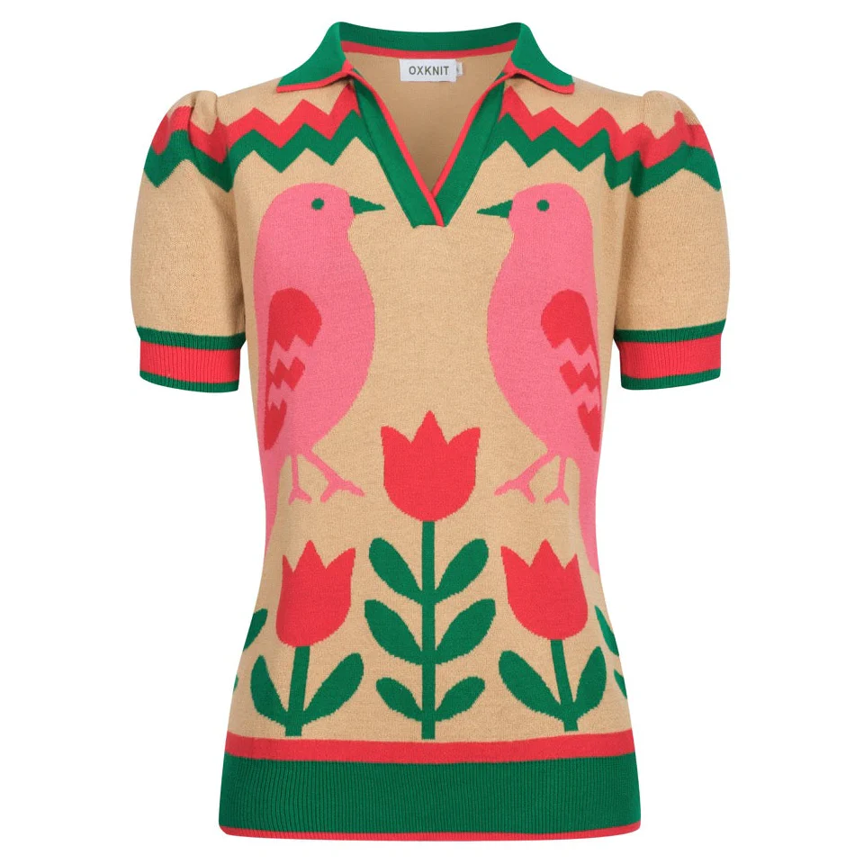 Women's green animal flower jacquard V-neck polo shirt
