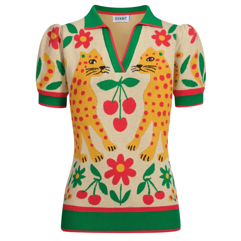 Women's green Animal Garden knitted bubble sleeve polo