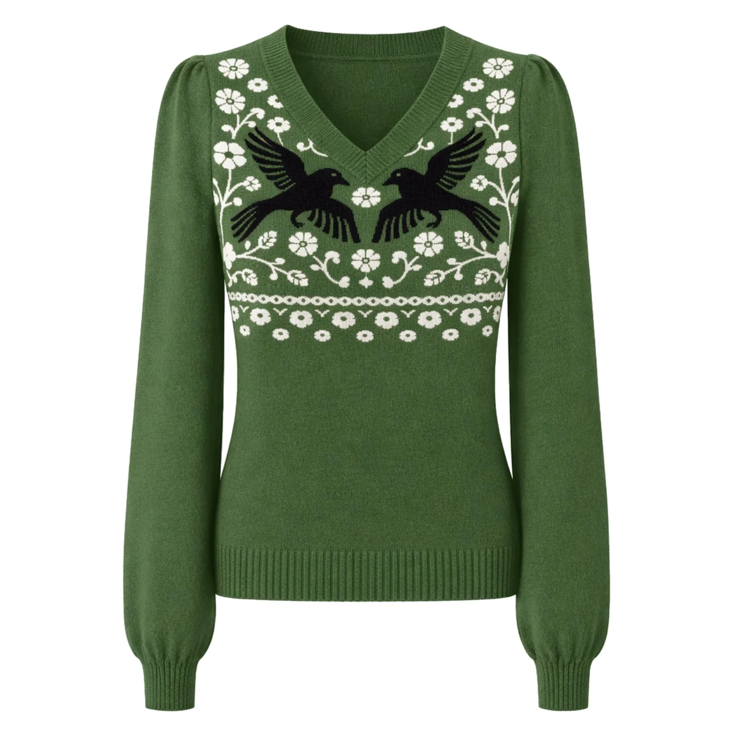 Women's Green animal plant jacquard bubble sleeve Knitwear