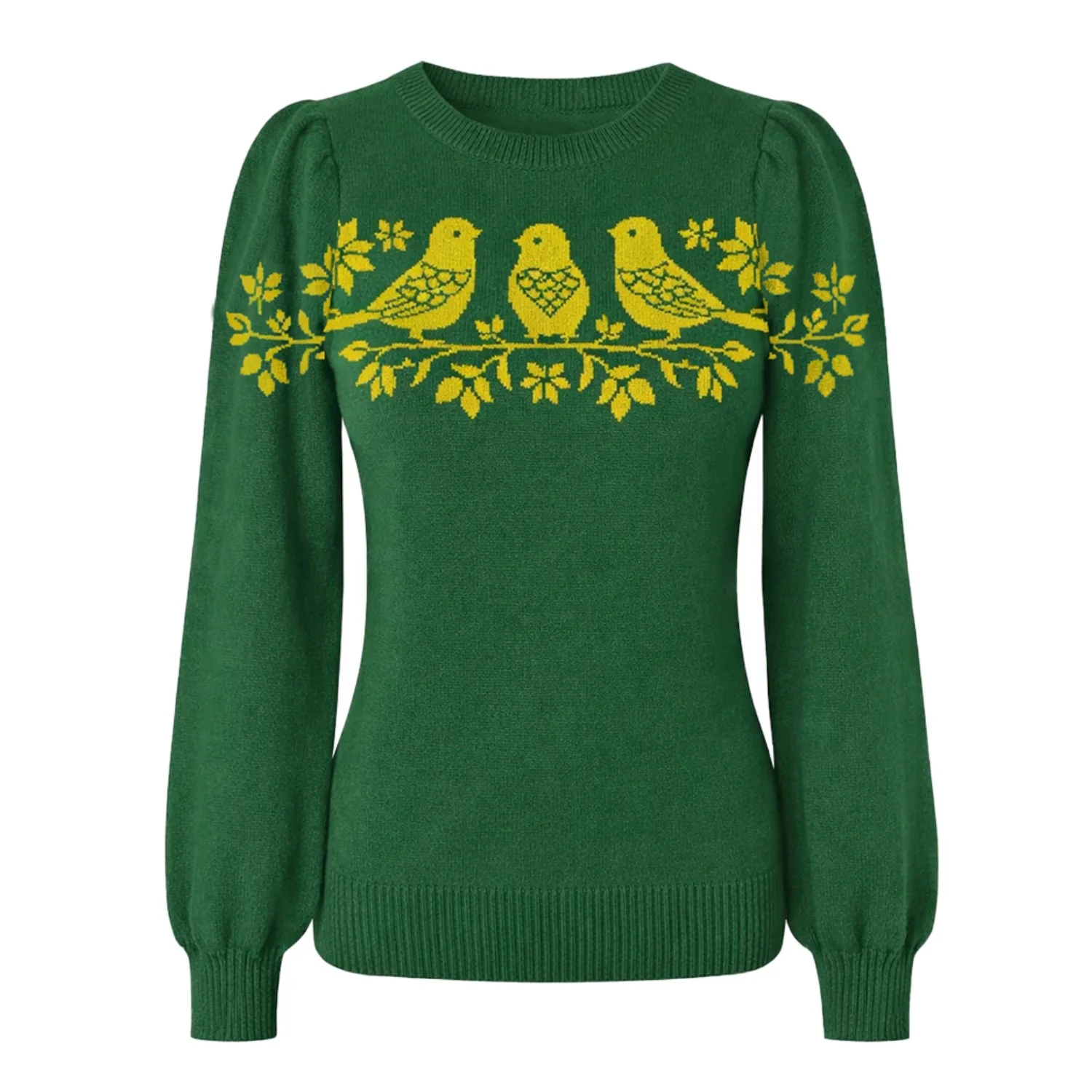 Women's green Art Bird vintage bubble sleeve Knitwear