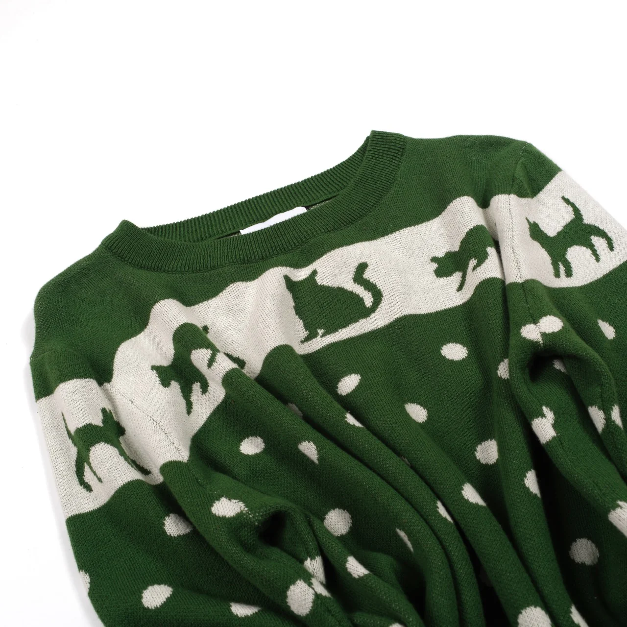 Women's Green Cat Ancient Tune Art Round Neck Knitwear - Image 8