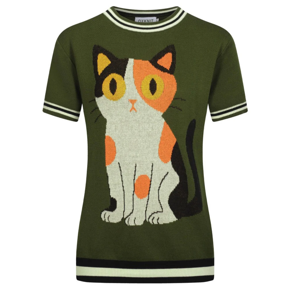 Women's green cat jacquard knitted T-shirt